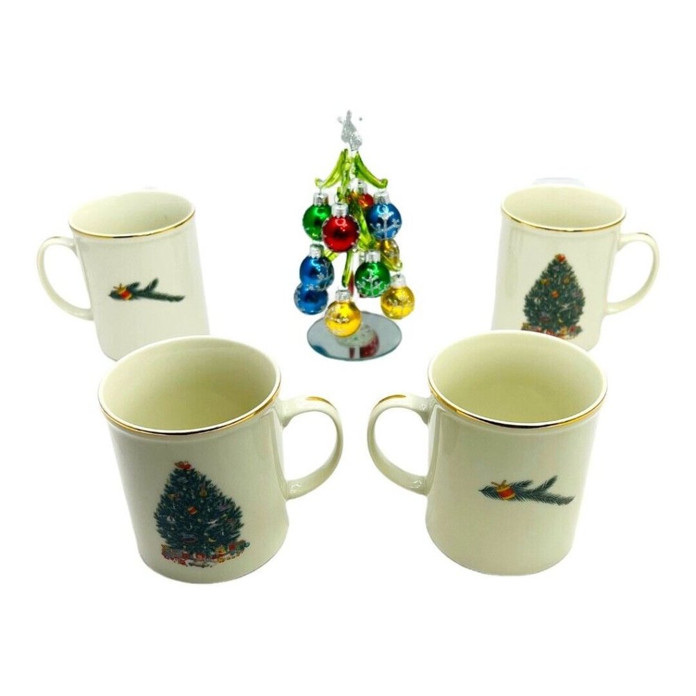 Set Of 4 Royal Gallery 6377 Christmas Tree Coffee Mugs Cups Gold Trim Vintage - Picture 3 of 11